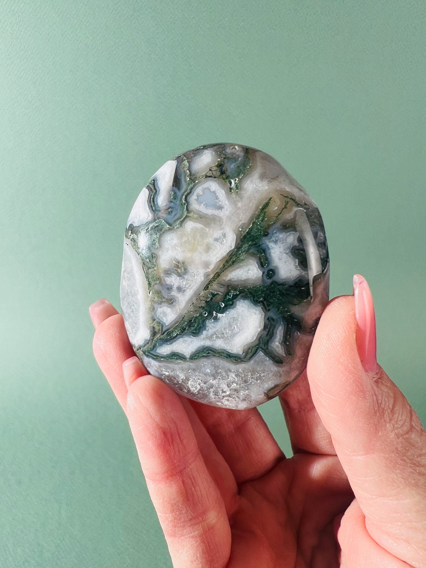 Moss Agate x Sea Jasper Palm Stone