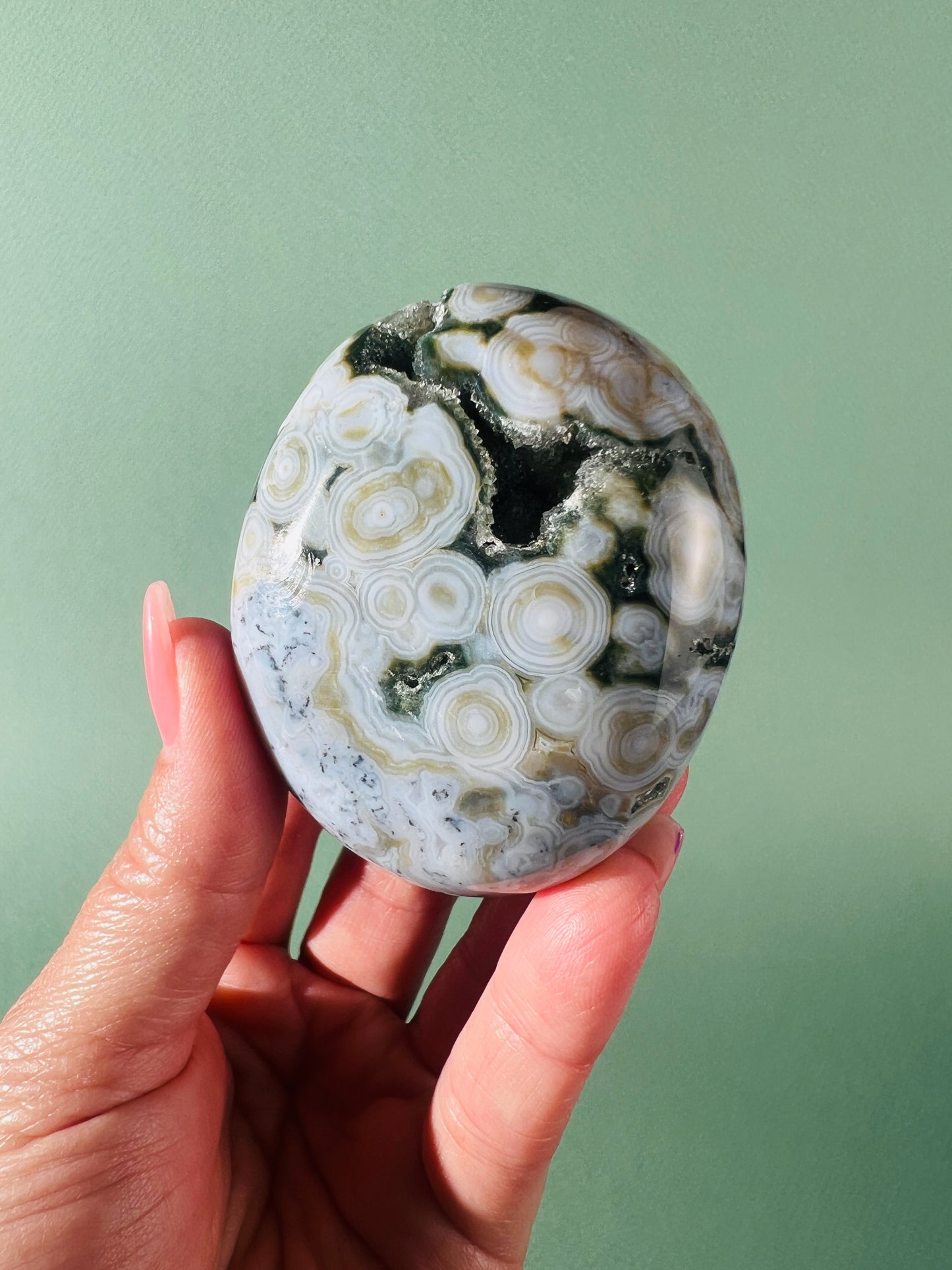Moss Agate x Sea Jasper Palm Stone