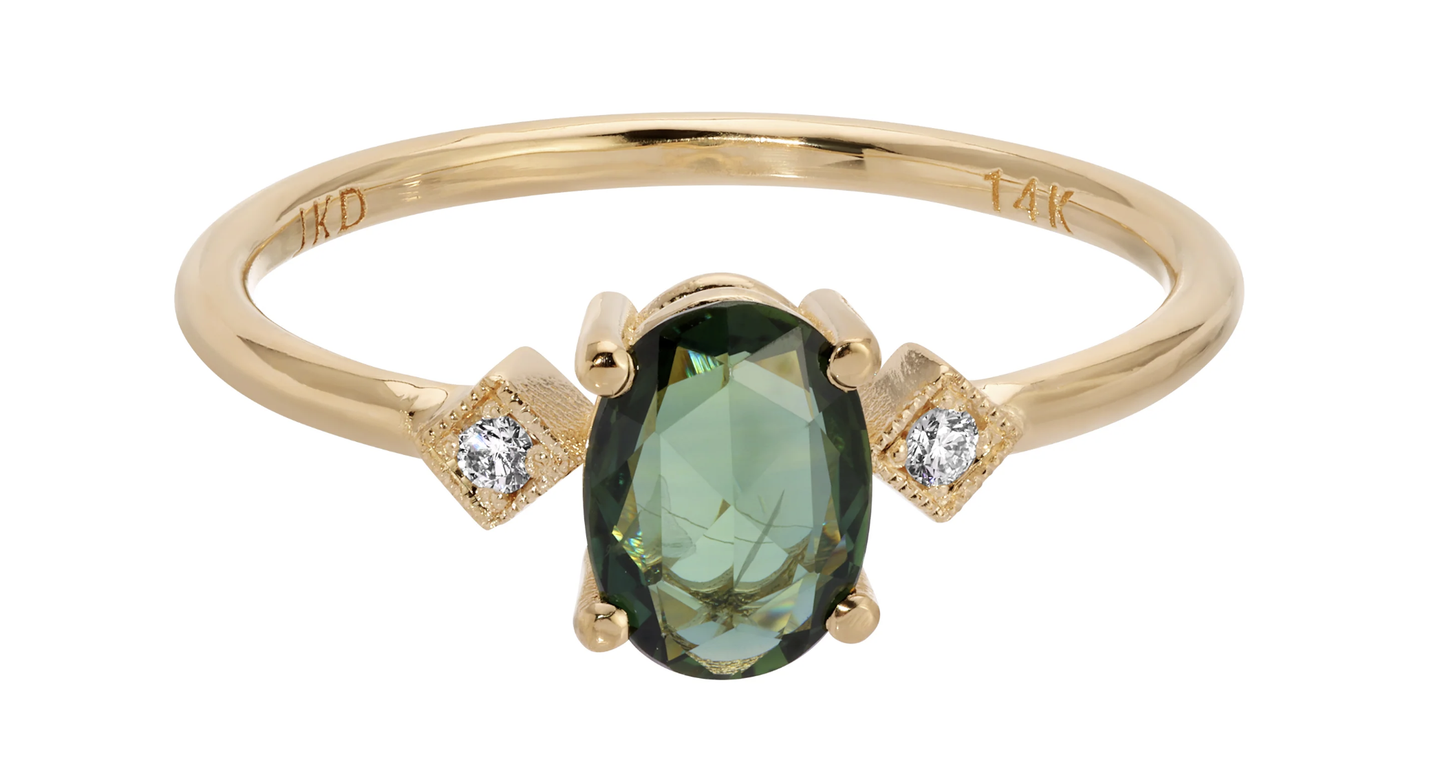 Oval Green Sapphire Square Deco Ring by Jennie Kwon