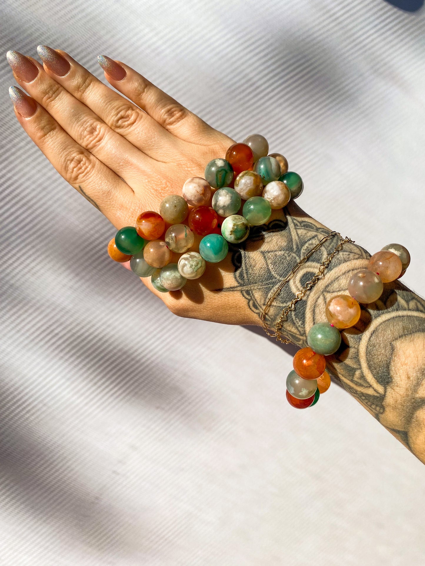 Flower Agate w/ Carnelian Beaded Bracelet