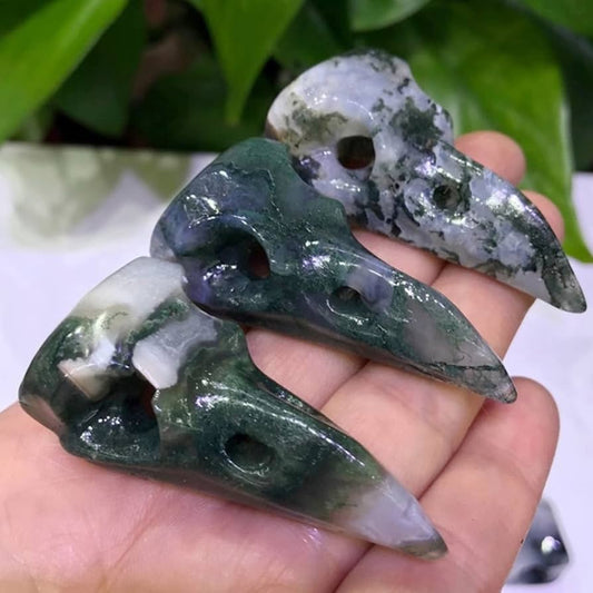 Moss Agate Bird Skull Carving