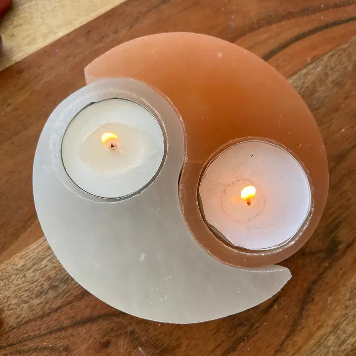 Selenite and Himalayan Salt Yin Yang Tea Light Holder