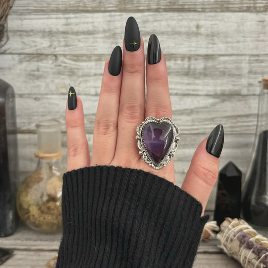 Amethyst Heart Crystal Statement Ring in Sterling Silver- Designed By Foxlark Collection