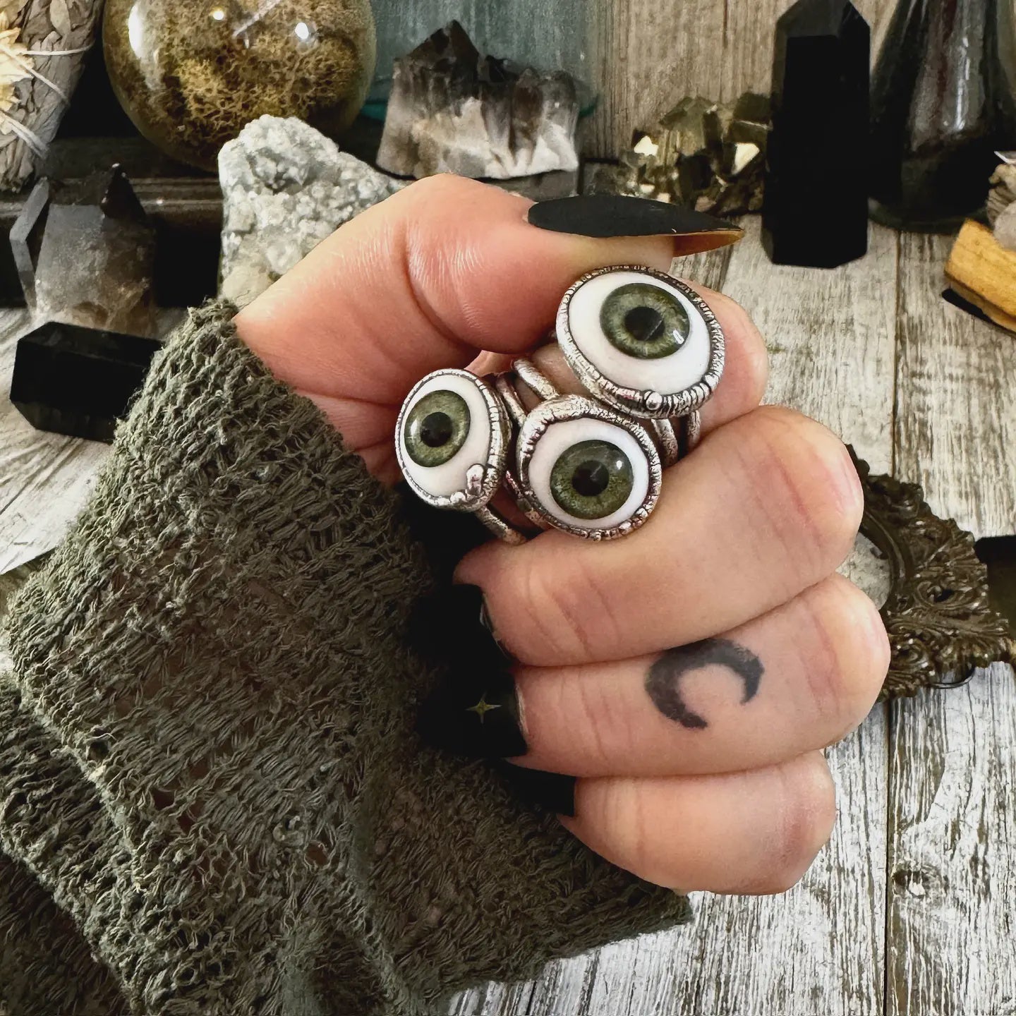 Green Iris Glass Eye Ring Silver by Foxlark