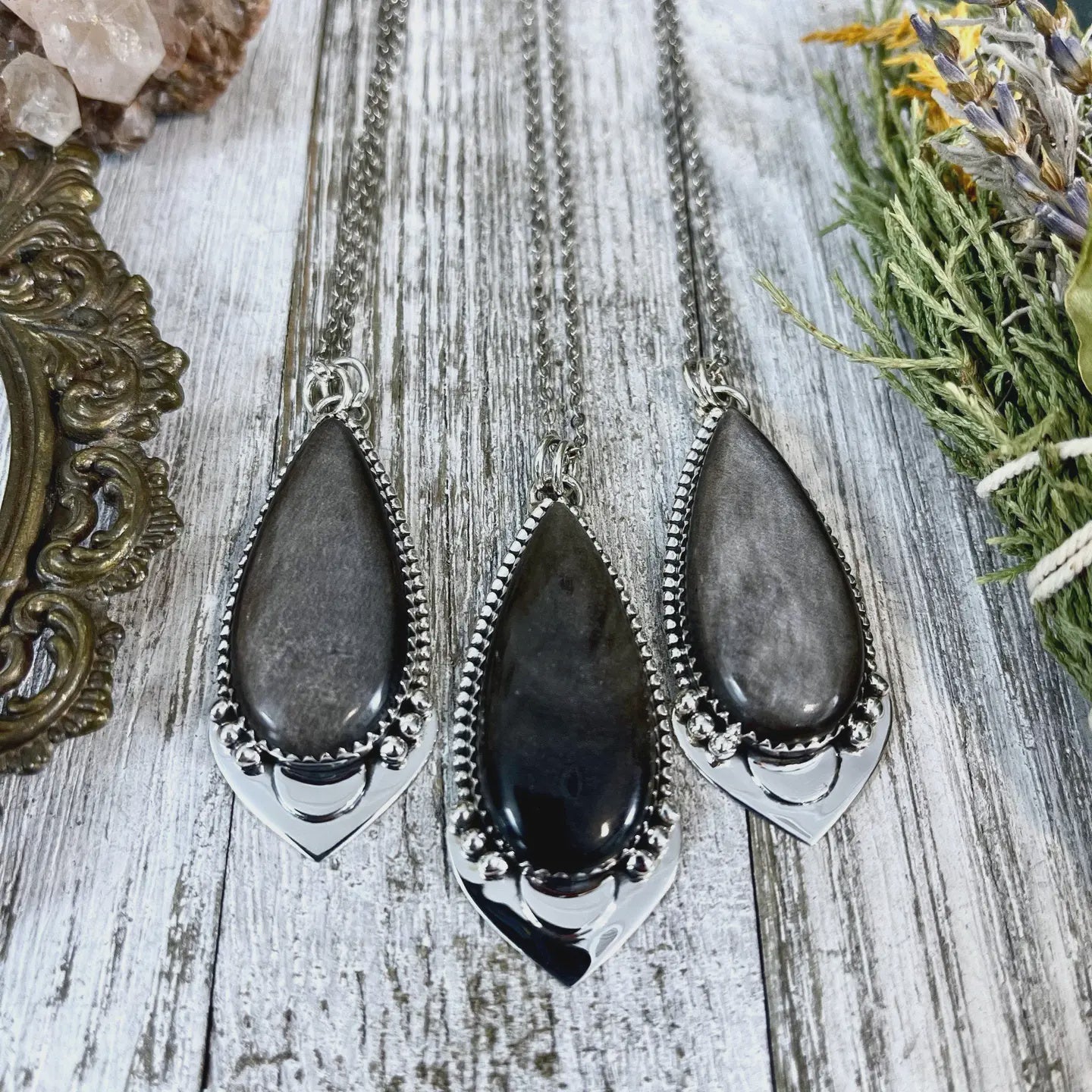 Silver Sheen Obsidian Teardrop Necklace in Sterling Silver