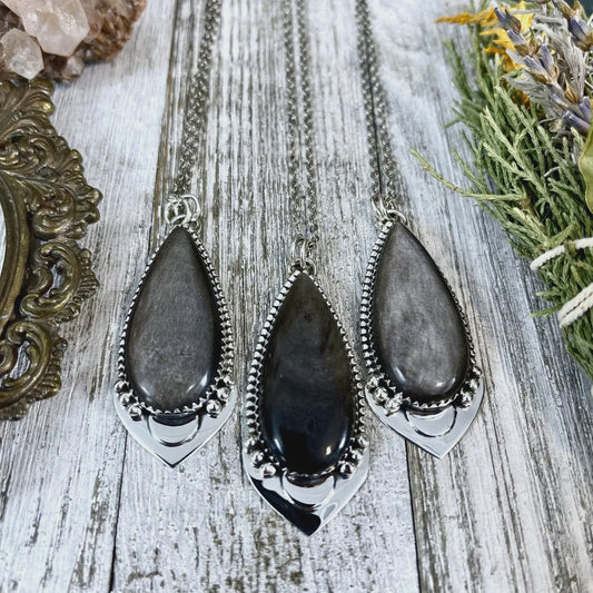 Silver Sheen Obsidian Teardrop Necklace in Sterling Silver
